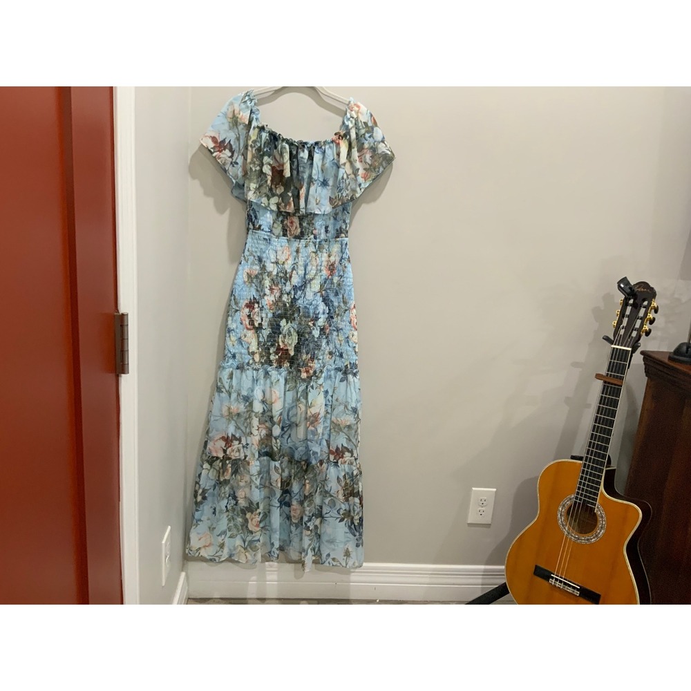 Baltic Born Light Blue Floral Smocked Tiered Maxi Dress Off Shoulder NWT